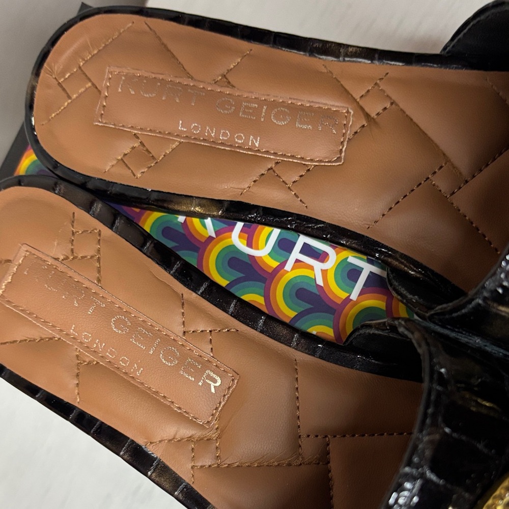 Kurt Geiger Black Slide Sandals with Gold Detail - Picture 7 of 12